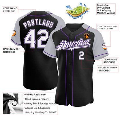 Custom Black White Gray-Purple Authentic Raglan Sleeves Baseball Jersey - Sky-Custom
