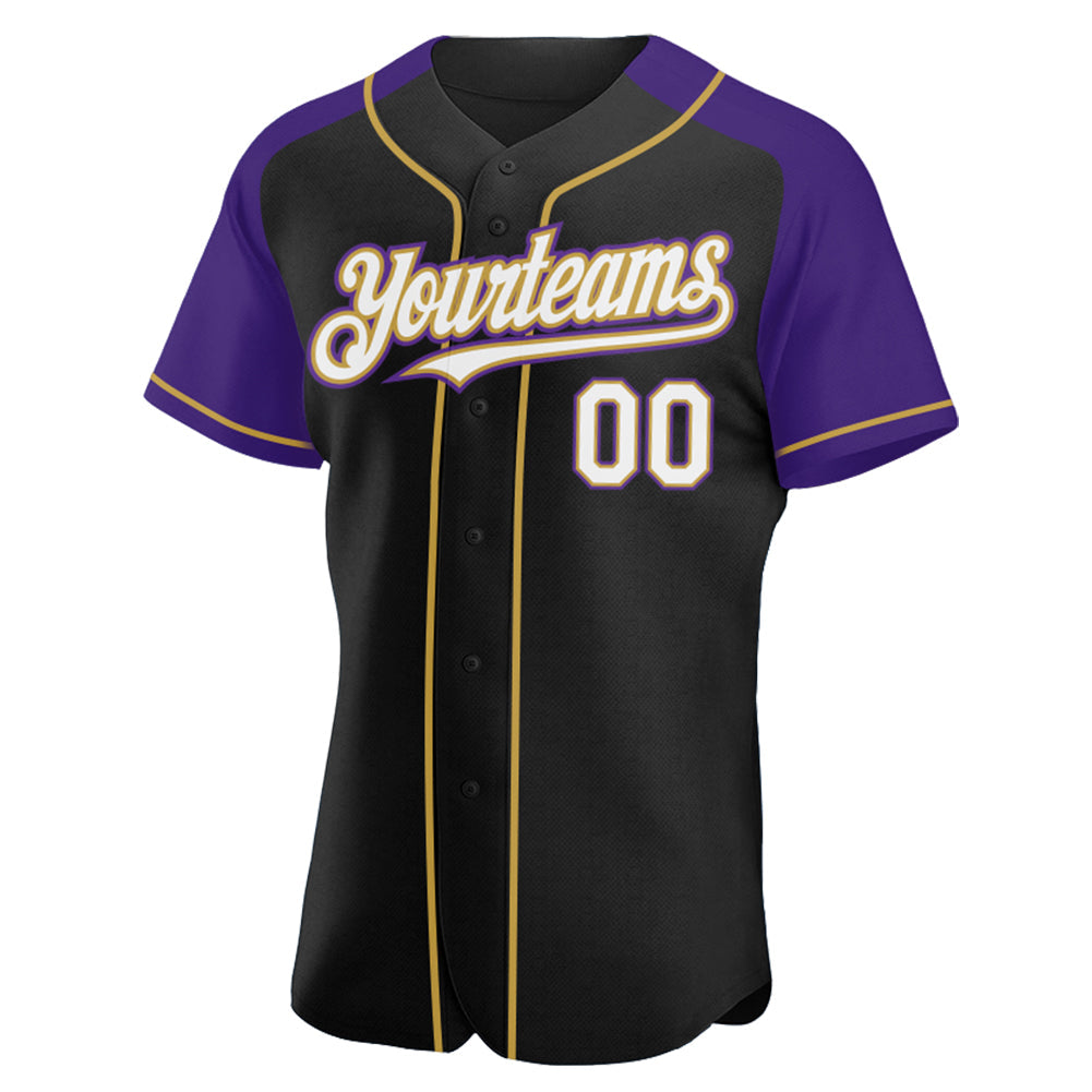 Custom Black White Purple-Old Gold Authentic Raglan Sleeves Baseball Jersey - Sky-Custom