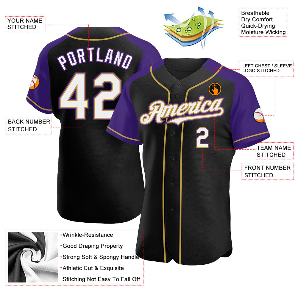 Custom Black White Purple-Old Gold Authentic Raglan Sleeves Baseball Jersey - Sky-Custom