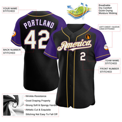 Custom Black White Purple-Old Gold Authentic Raglan Sleeves Baseball Jersey - Sky-Custom