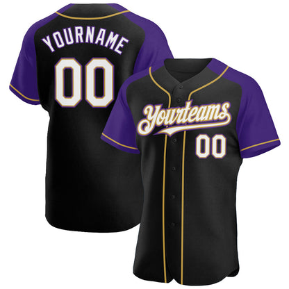 Custom Black White Purple-Old Gold Authentic Raglan Sleeves Baseball Jersey - Sky-Custom