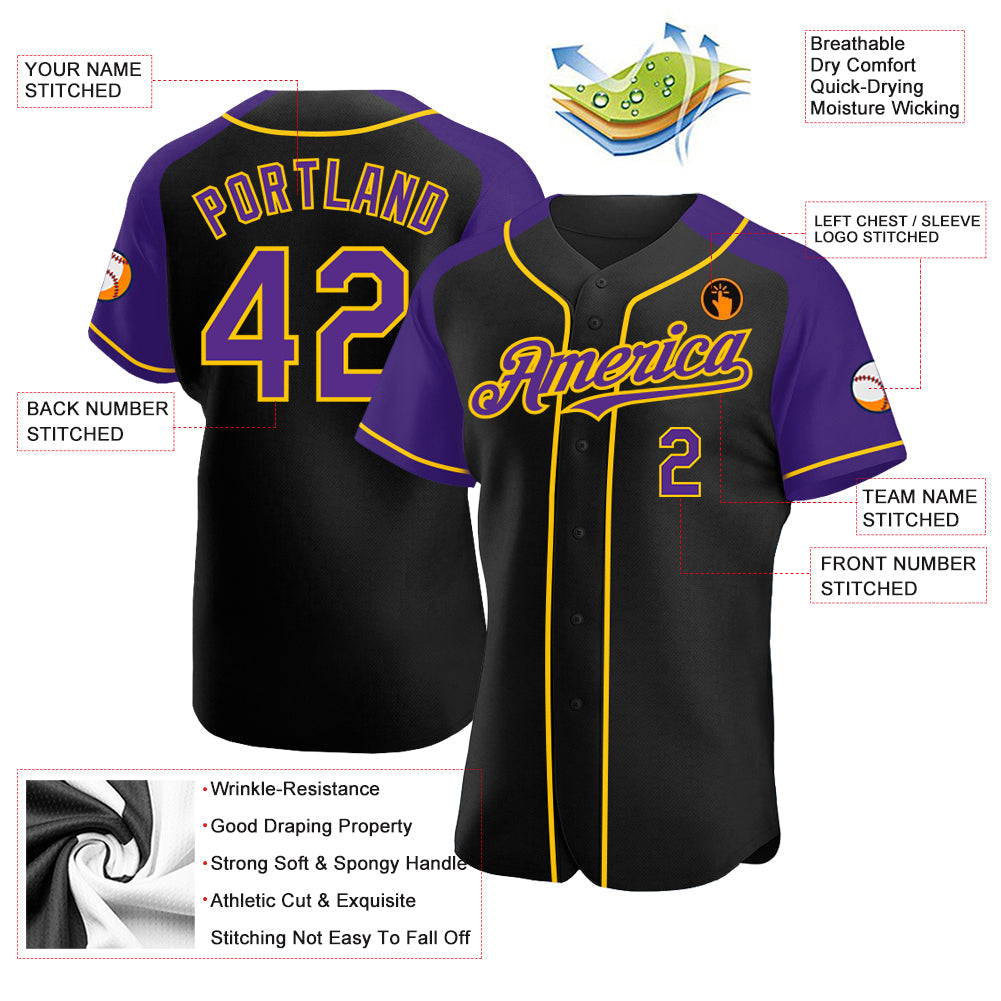 Custom Black Purple-Yellow Authentic Raglan Sleeves Baseball Jersey - Sky-Custom