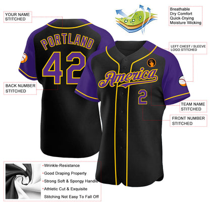 Custom Black Purple-Yellow Authentic Raglan Sleeves Baseball Jersey - Sky-Custom