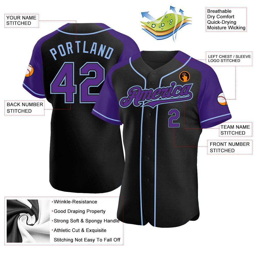 Custom Black Purple-Light Blue Authentic Raglan Sleeves Baseball Jersey - Sky-Custom