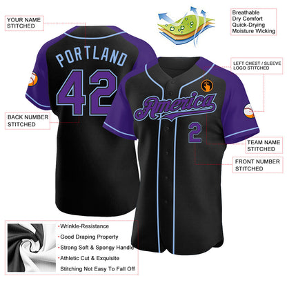 Custom Black Purple-Light Blue Authentic Raglan Sleeves Baseball Jersey - Sky-Custom
