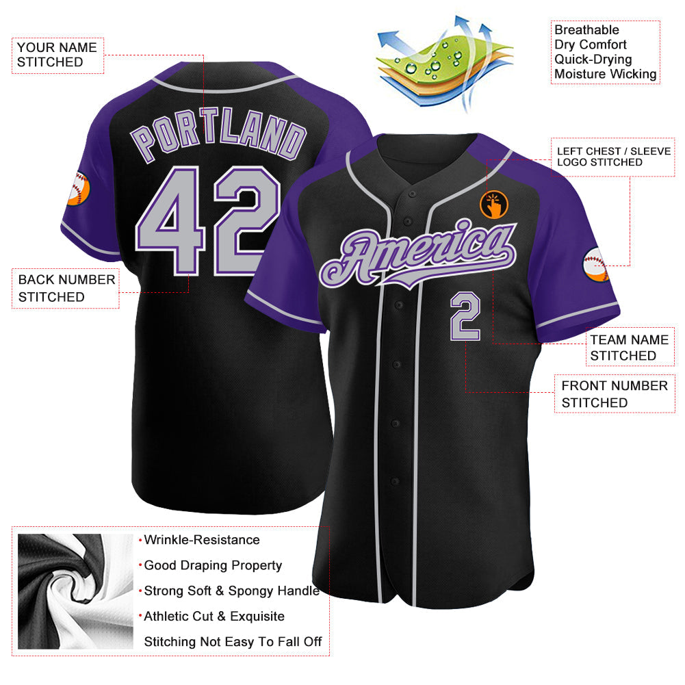 Custom Black Gray-Purple Authentic Raglan Sleeves Baseball Jersey - Sky-Custom