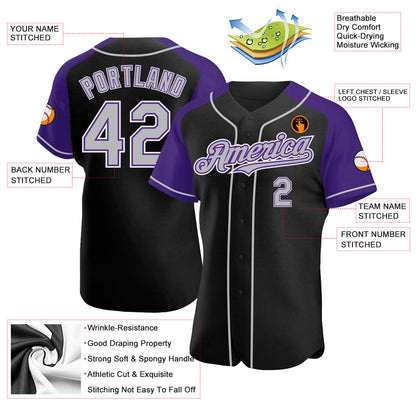 Custom Black Gray-Purple Authentic Raglan Sleeves Baseball Jersey - Sky-Custom