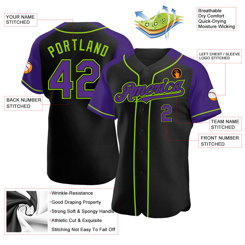Custom Black Purple-Neon Green Authentic Raglan Sleeves Baseball Jersey - Sky-Custom