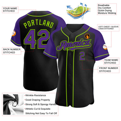 Custom Black Purple-Neon Green Authentic Raglan Sleeves Baseball Jersey - Sky-Custom