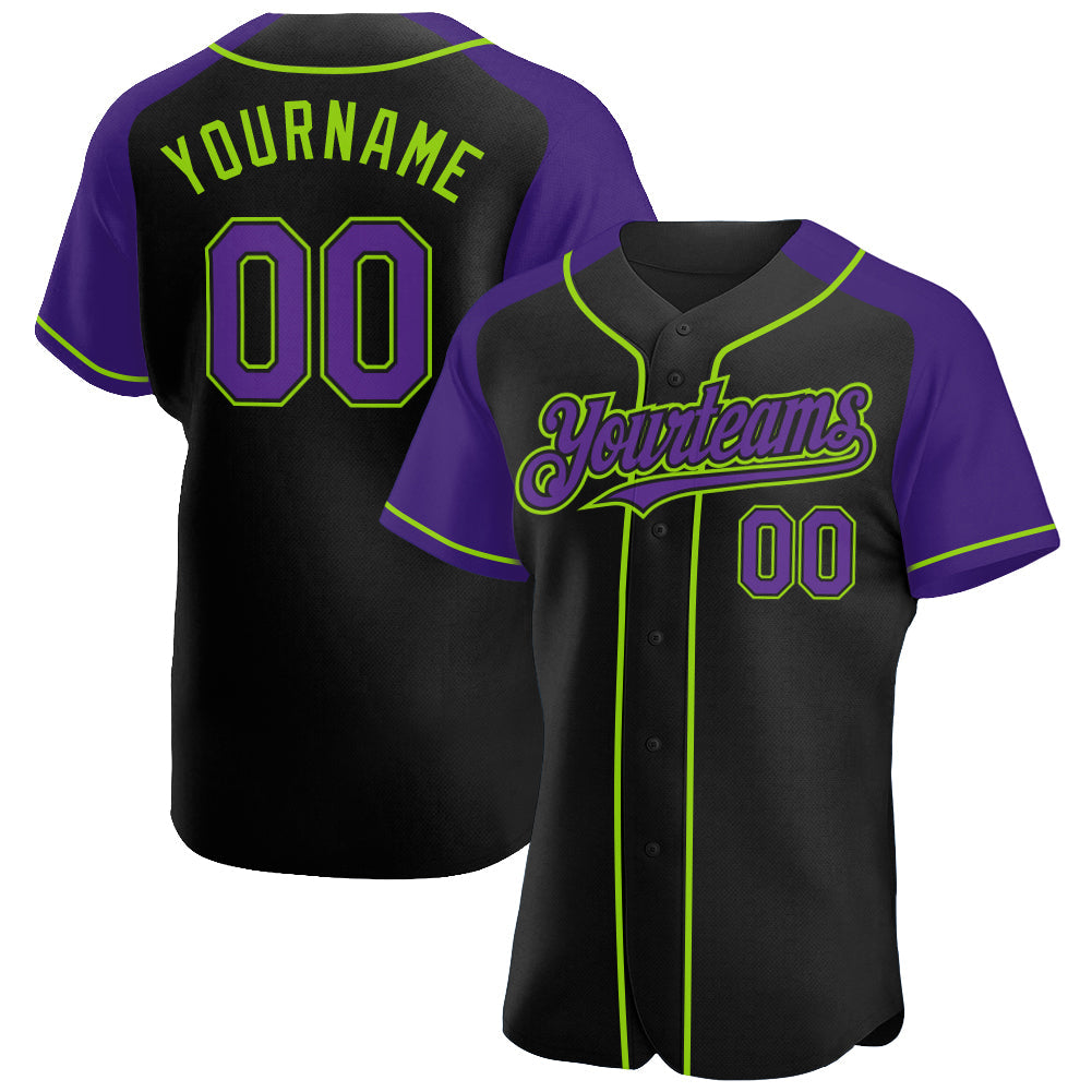 Custom Black Purple-Neon Green Authentic Raglan Sleeves Baseball Jersey - Sky-Custom