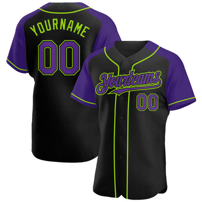 Custom Black Purple-Neon Green Authentic Raglan Sleeves Baseball Jersey - Sky-Custom