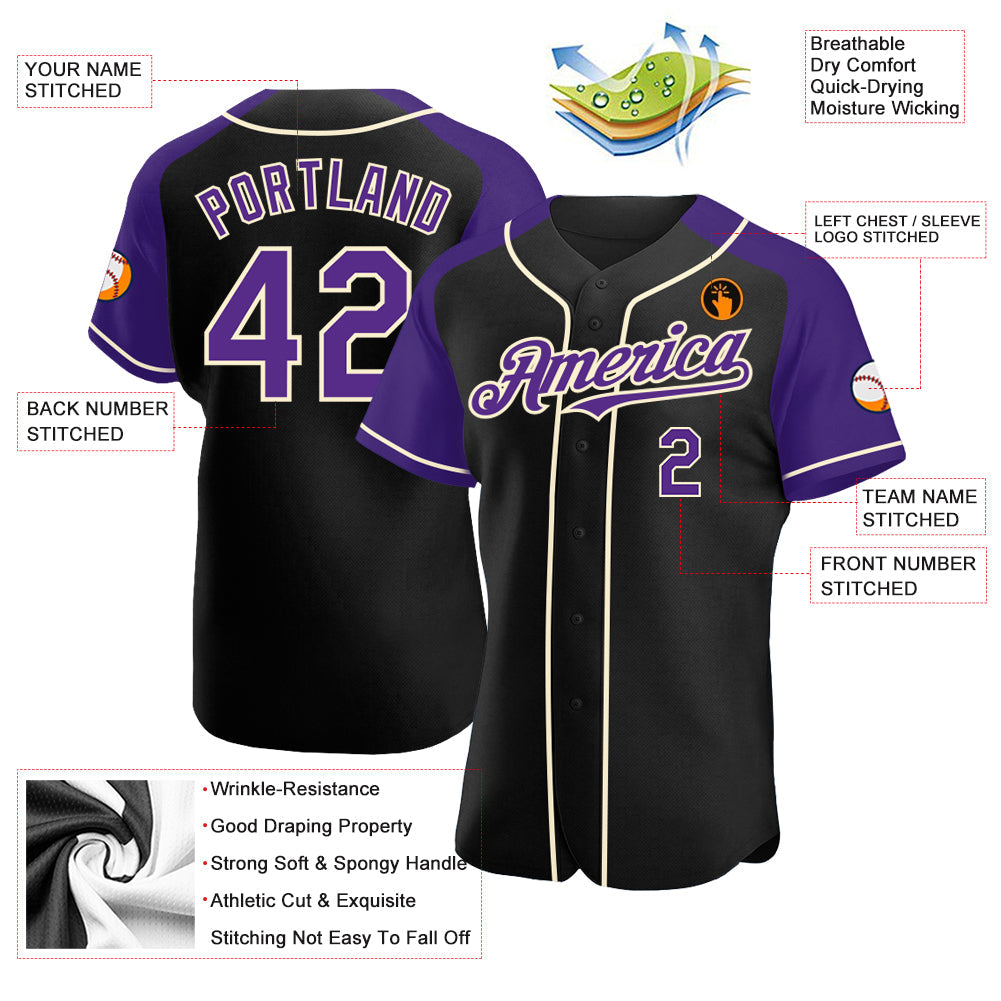 Custom Black Purple-Cream Authentic Raglan Sleeves Baseball Jersey - Sky-Custom