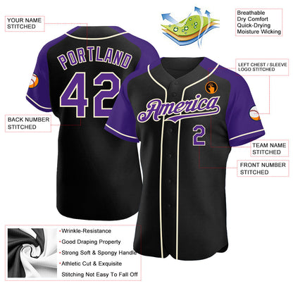 Custom Black Purple-Cream Authentic Raglan Sleeves Baseball Jersey - Sky-Custom