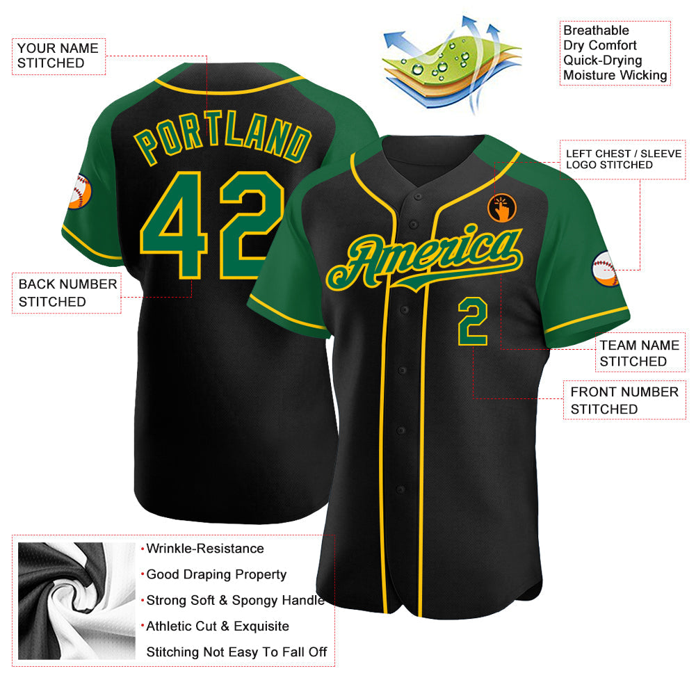 Custom Black Kelly Green-Yellow Authentic Raglan Sleeves Baseball Jersey - Sky-Custom