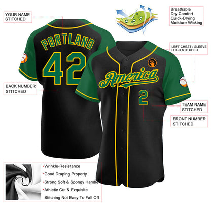 Custom Black Kelly Green-Yellow Authentic Raglan Sleeves Baseball Jersey - Sky-Custom