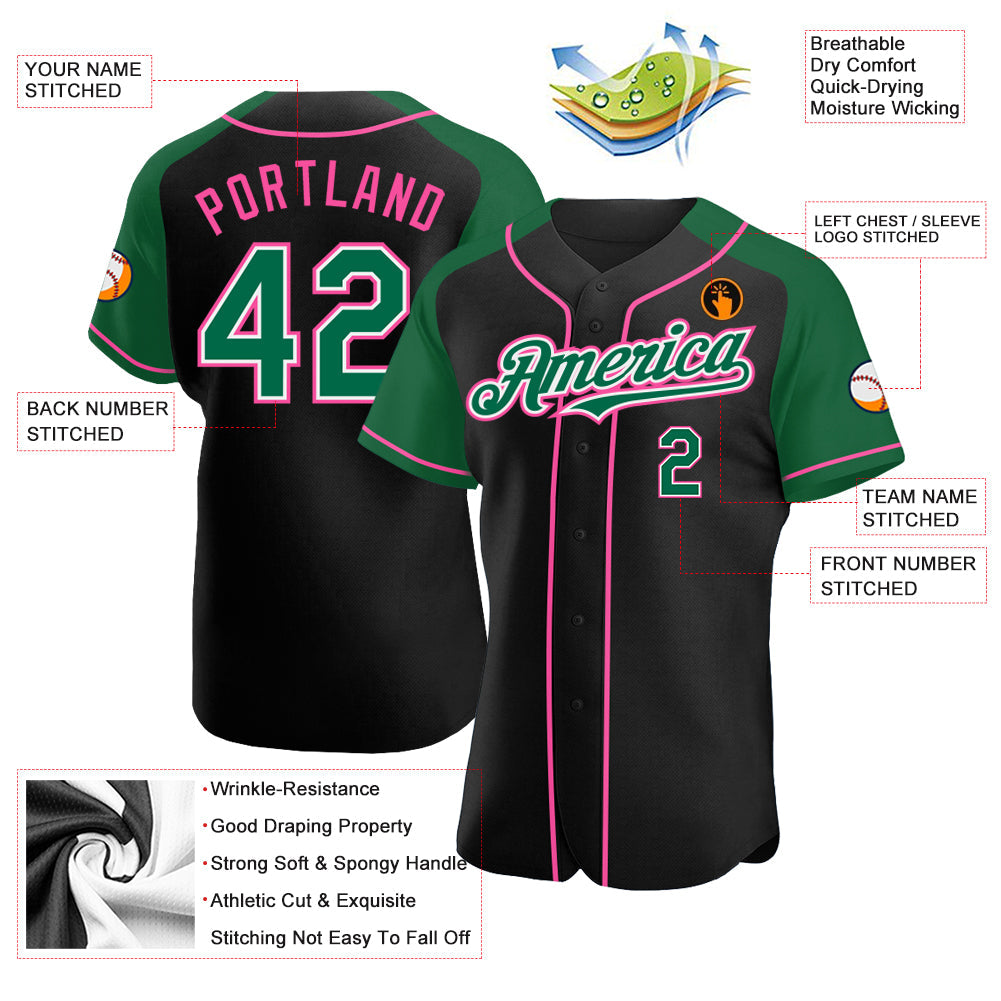 Custom Black Kelly Green-Pink Authentic Raglan Sleeves Baseball Jersey - Sky-Custom