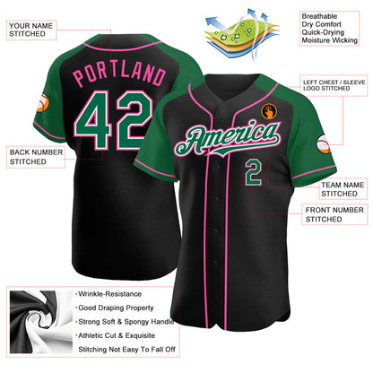 Custom Black Kelly Green-Pink Authentic Raglan Sleeves Baseball Jersey - Sky-Custom