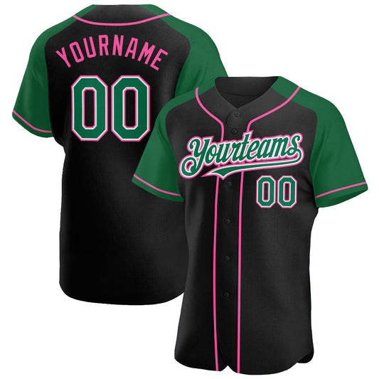 Custom Black Kelly Green-Pink Authentic Raglan Sleeves Baseball Jersey - Sky-Custom