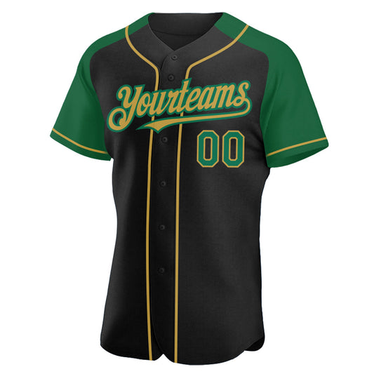 Custom Black Kelly Green-Old Gold Authentic Raglan Sleeves Baseball Jersey - Sky-Custom