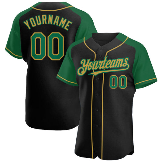 Custom Black Kelly Green-Old Gold Authentic Raglan Sleeves Baseball Jersey - Sky-Custom