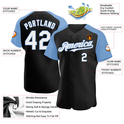 Custom Black White-Light Blue Authentic Raglan Sleeves Baseball Jersey - Sky-Custom