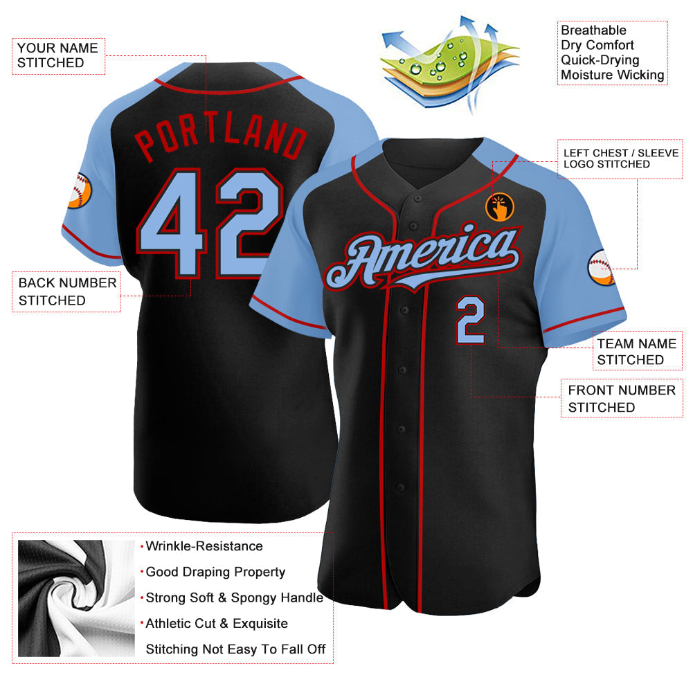 Custom Black Light Blue-Red Authentic Raglan Sleeves Baseball Jersey - Sky-Custom