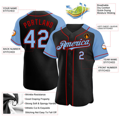 Custom Black Light Blue-Red Authentic Raglan Sleeves Baseball Jersey - Sky-Custom