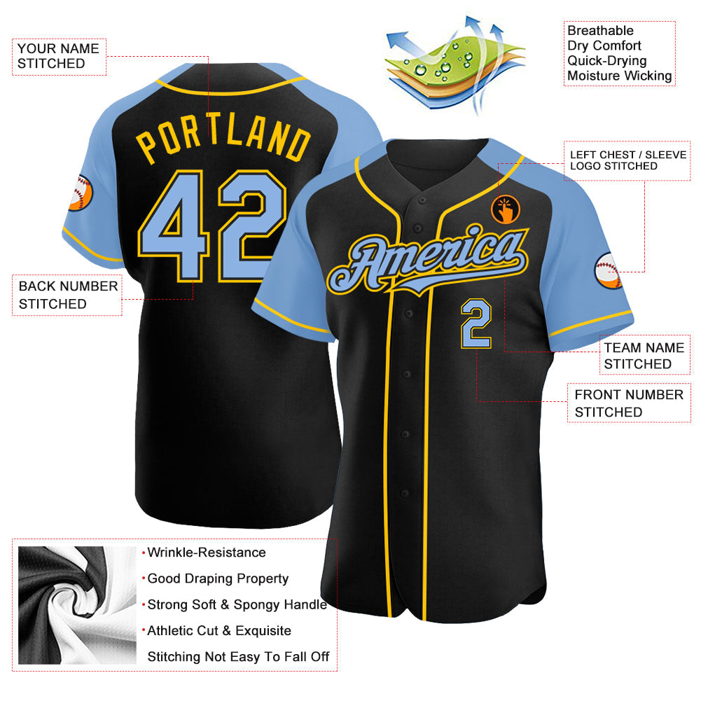 Custom Black Light Blue-Yellow Authentic Raglan Sleeves Baseball Jersey - Sky-Custom