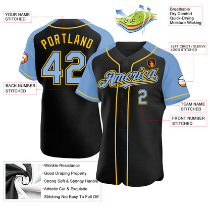 Custom Black Light Blue-Yellow Authentic Raglan Sleeves Baseball Jersey - Sky-Custom