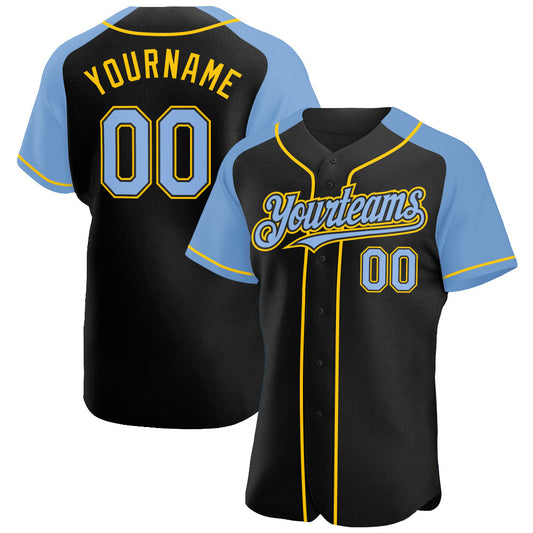 Custom Black Light Blue-Yellow Authentic Raglan Sleeves Baseball Jersey - Sky-Custom
