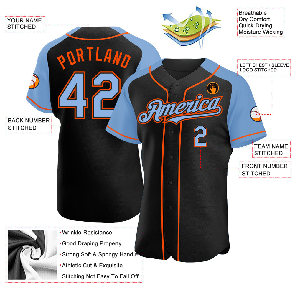 Custom Black Light Blue-Orange Authentic Raglan Sleeves Baseball Jersey - Sky-Custom