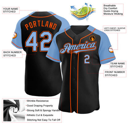 Custom Black Light Blue-Orange Authentic Raglan Sleeves Baseball Jersey - Sky-Custom