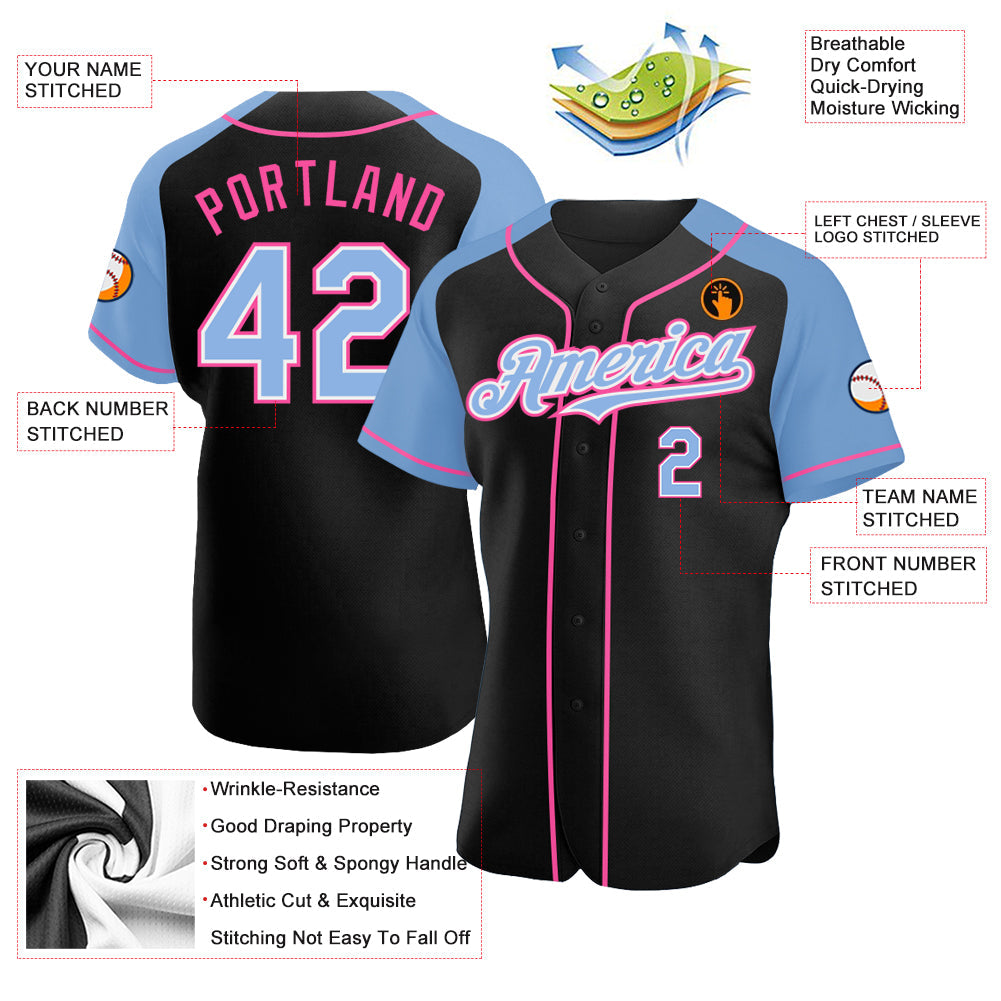 Custom Black Light Blue-Pink Authentic Raglan Sleeves Baseball Jersey - Sky-Custom
