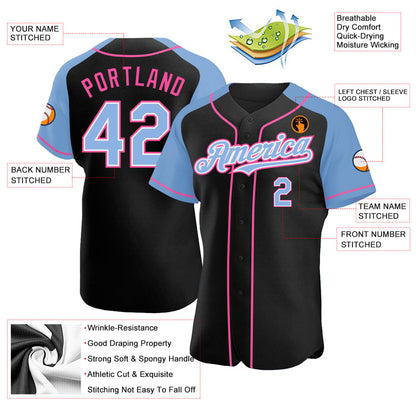 Custom Black Light Blue-Pink Authentic Raglan Sleeves Baseball Jersey - Sky-Custom