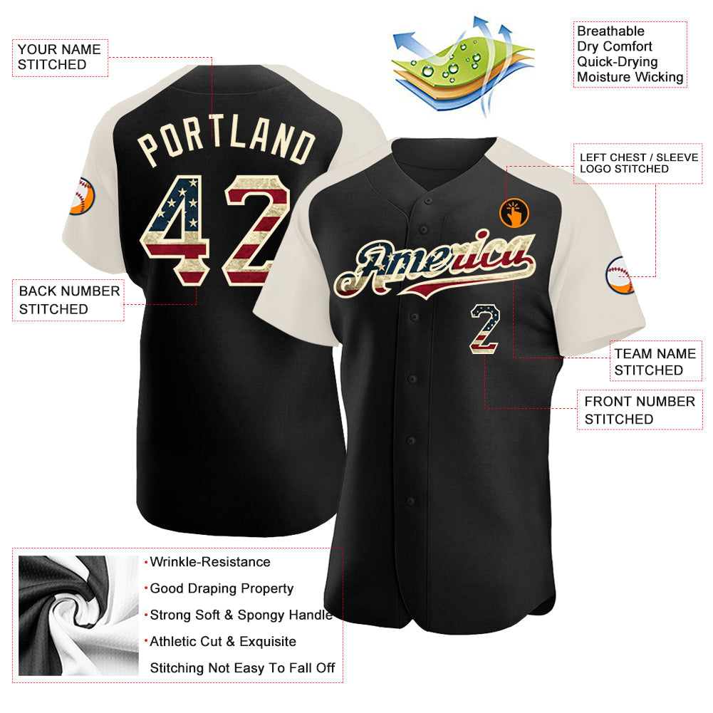 Custom Black Vintage USA Flag-Cream Authentic Raglan Sleeves Baseball Jersey - Sky-Custom