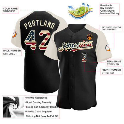 Custom Black Vintage USA Flag-Cream Authentic Raglan Sleeves Baseball Jersey - Sky-Custom