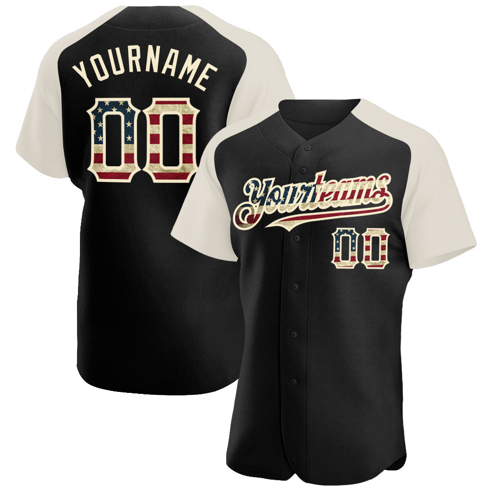Custom Black Vintage USA Flag-Cream Authentic Raglan Sleeves Baseball Jersey - Sky-Custom