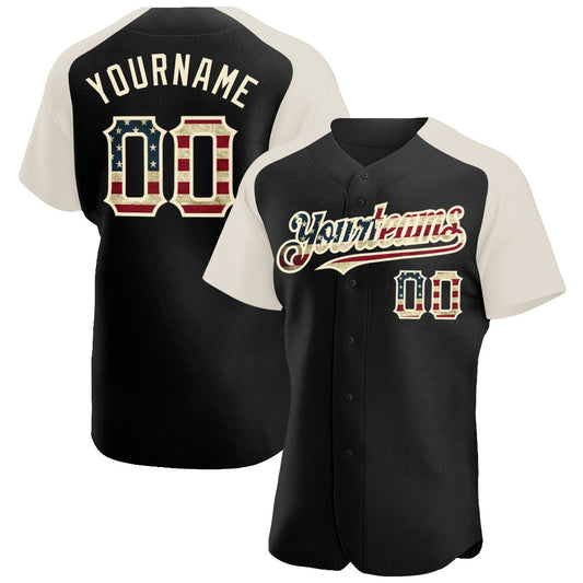 Custom Black Vintage USA Flag-Cream Authentic Raglan Sleeves Baseball Jersey - Sky-Custom