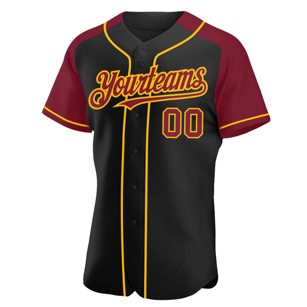 Custom Black Crimson-Gold Authentic Raglan Sleeves Baseball Jersey - Sky-Custom