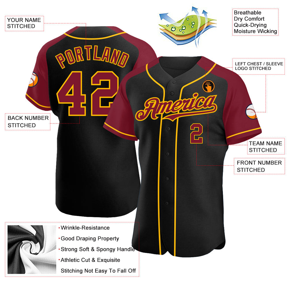 Custom Black Crimson-Gold Authentic Raglan Sleeves Baseball Jersey - Sky-Custom