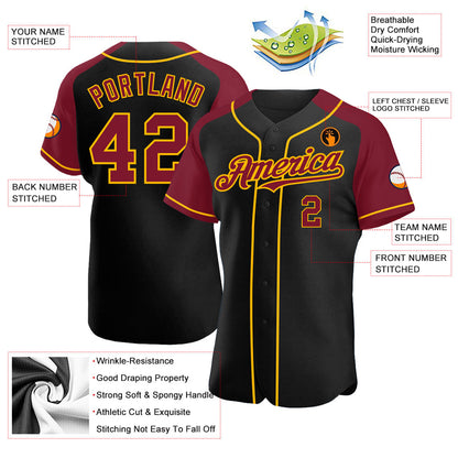 Custom Black Crimson-Gold Authentic Raglan Sleeves Baseball Jersey - Sky-Custom