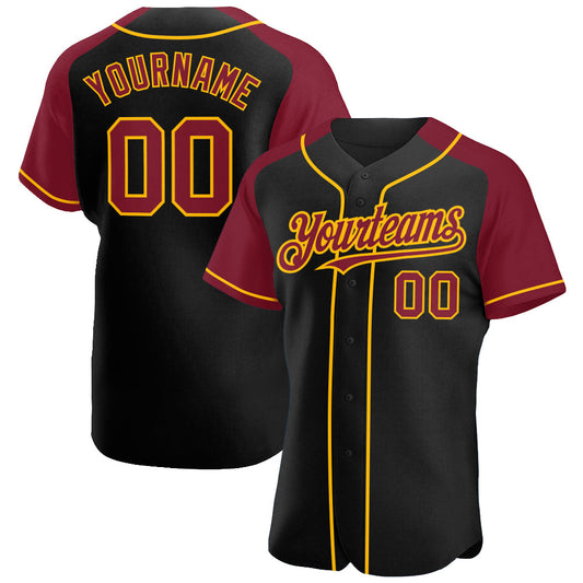 Custom Black Crimson-Gold Authentic Raglan Sleeves Baseball Jersey - Sky-Custom