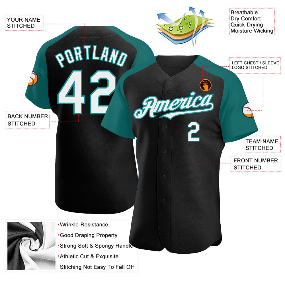 Custom Black White-Teal Authentic Raglan Sleeves Baseball Jersey - Sky-Custom