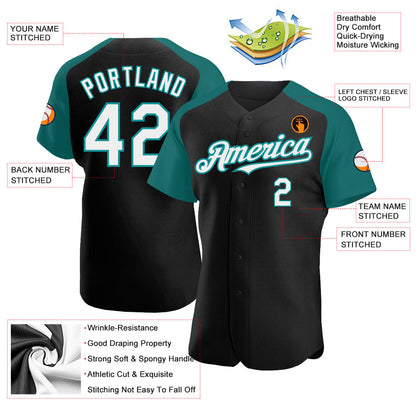 Custom Black White-Teal Authentic Raglan Sleeves Baseball Jersey - Sky-Custom