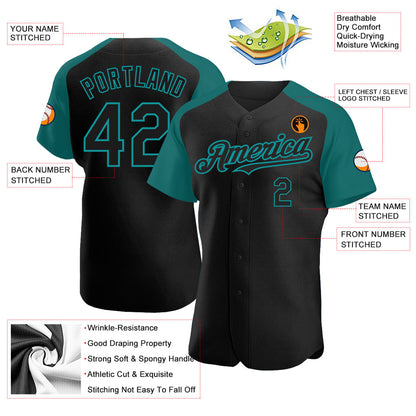 Custom Black Teal Authentic Raglan Sleeves Baseball Jersey - Sky-Custom