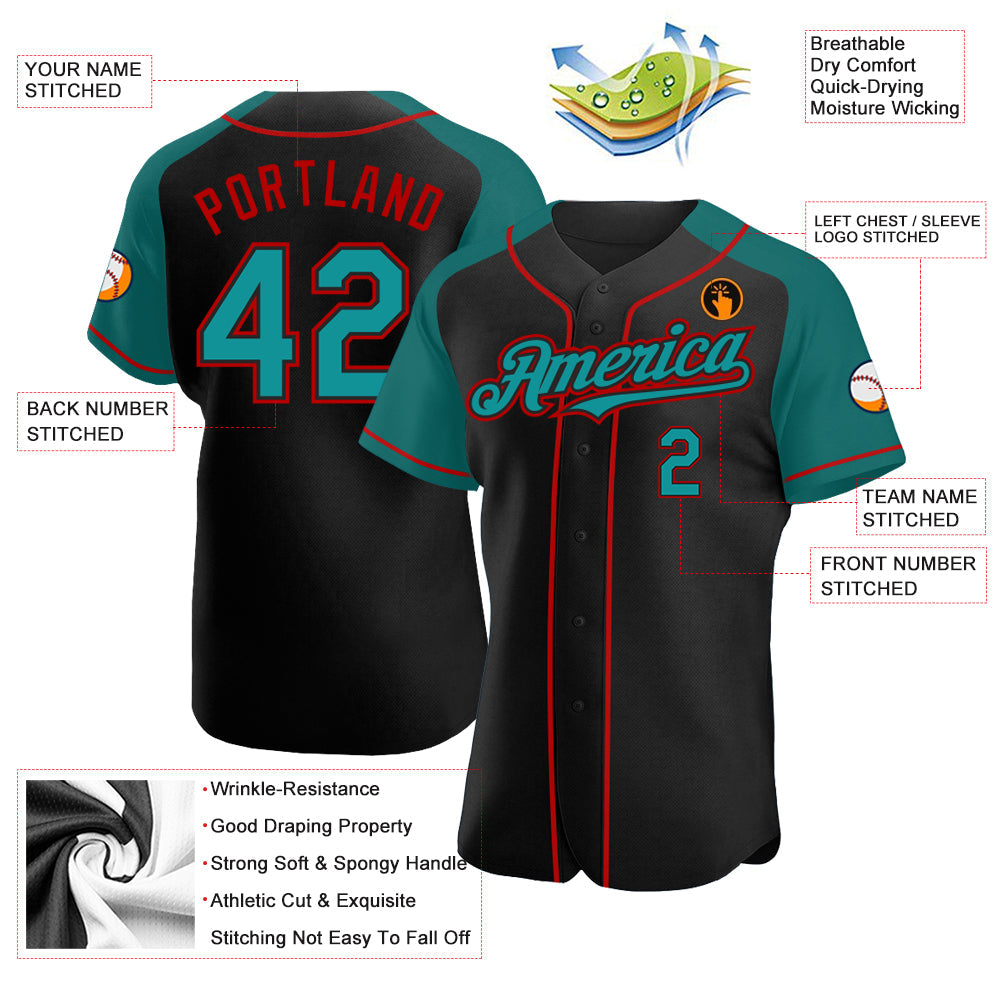 Custom Black Teal-Red Authentic Raglan Sleeves Baseball Jersey - Sky-Custom