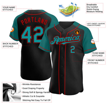 Custom Black Teal-Red Authentic Raglan Sleeves Baseball Jersey - Sky-Custom