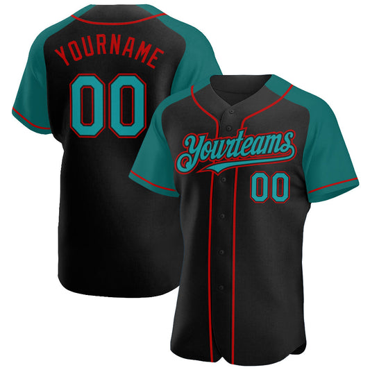Custom Black Teal-Red Authentic Raglan Sleeves Baseball Jersey - Sky-Custom