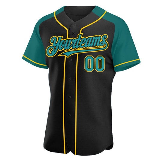 Custom Black Teal-Yellow Authentic Raglan Sleeves Baseball Jersey - Sky-Custom
