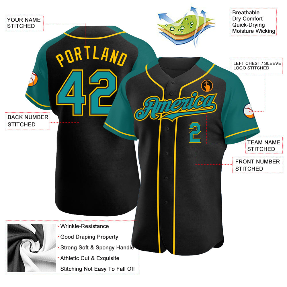 Custom Black Teal-Yellow Authentic Raglan Sleeves Baseball Jersey - Sky-Custom